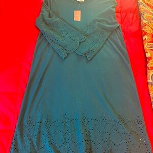Jjill small knit 3/4 sleeve dress with eyelet sleeves and hem/pacific blue-green